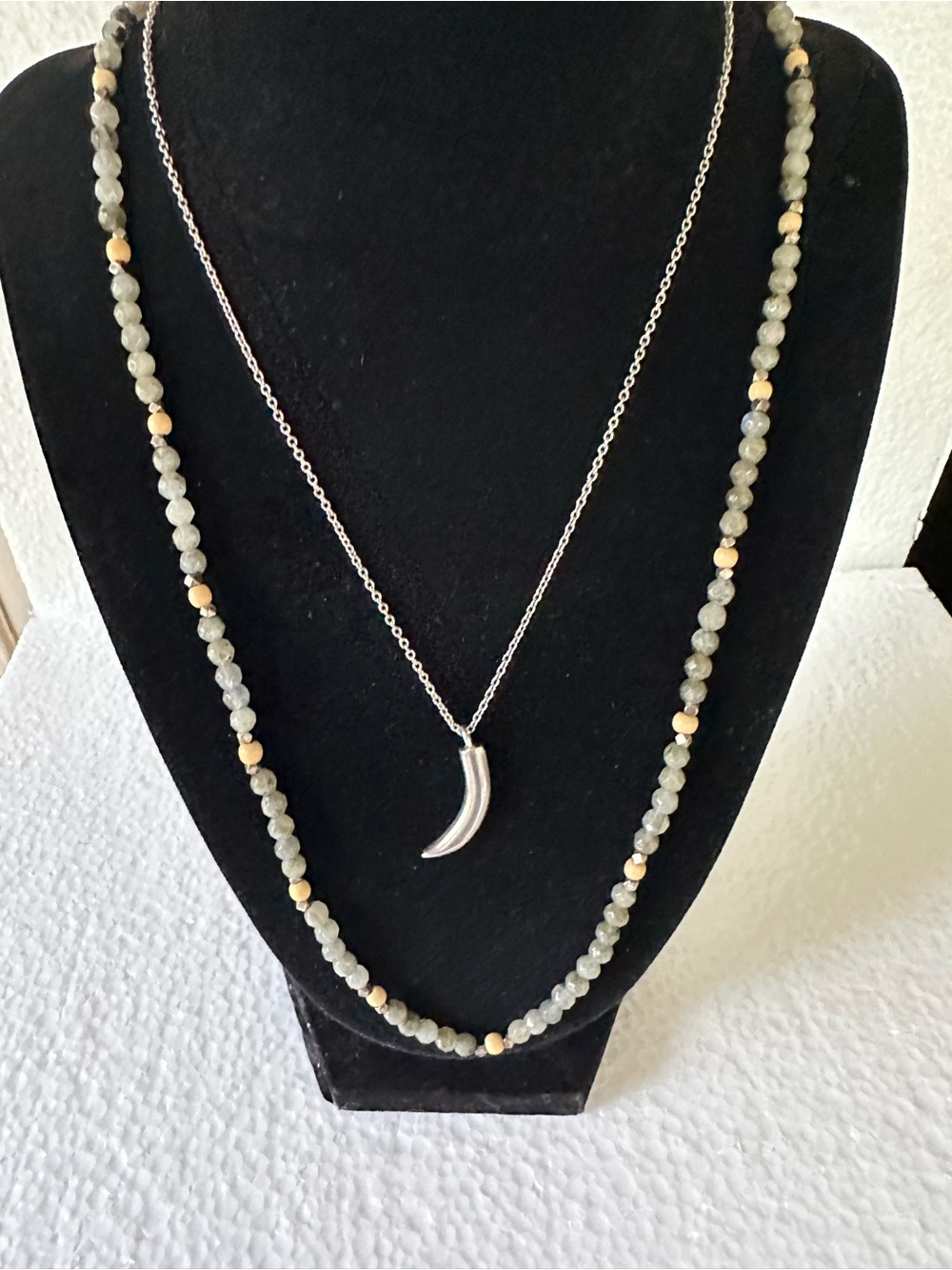 Chan Luu Layered Necklace with Silver Crescent and Gray Beads